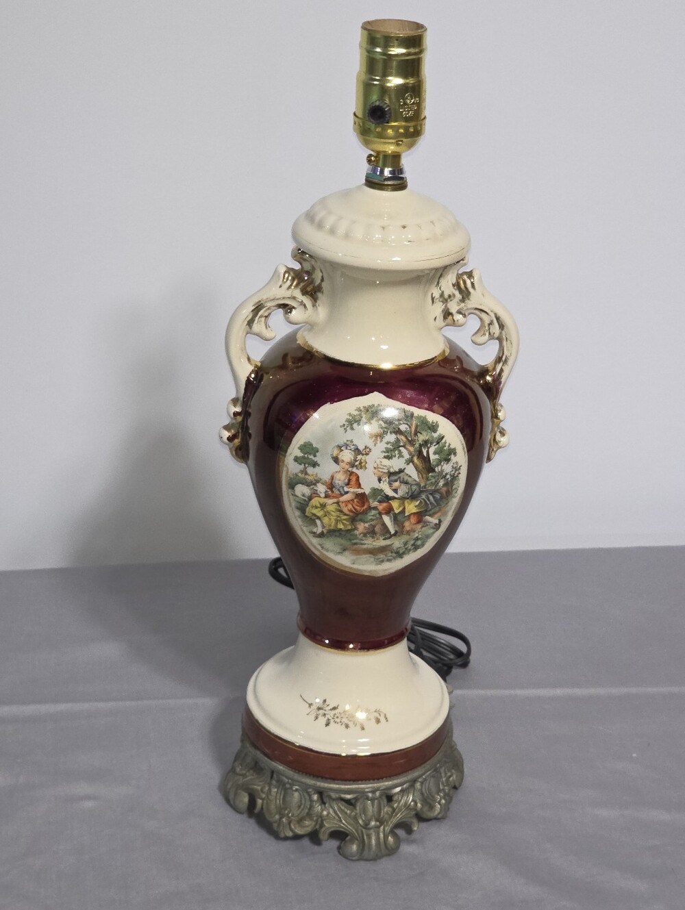 Vintage Porcelain Table Lamp Burgundy Cream Gold Victorian Couple Scene 18" Orna